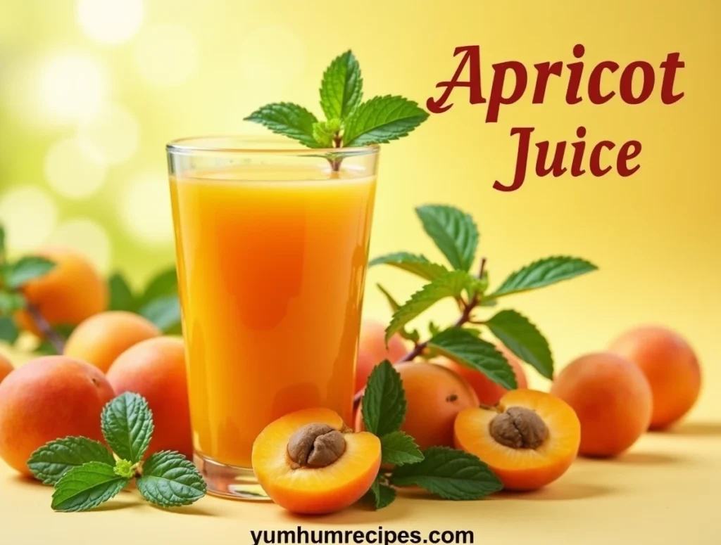 A refreshing glass of apricot juice surrounded by fresh apricots and mint leaves, with a bright and summery background.