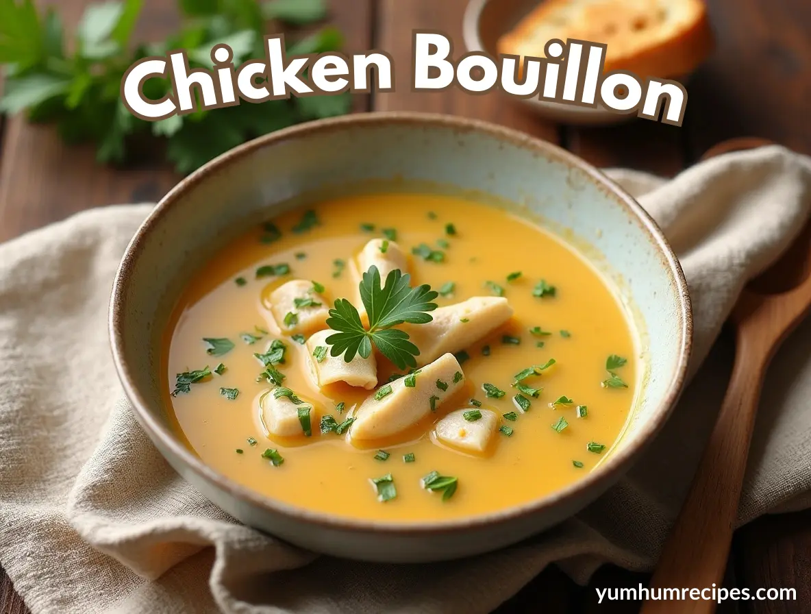 A steaming hot bowl of creamy chicken bouillon soup with a rustic wooden spoon and garnishes, perfect for a comforting meal.