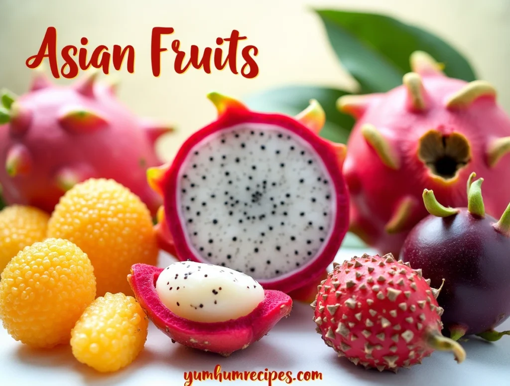 An assortment of asian fruits including dragon fruit, lychee, rambutan, and mangosteen, beautifully arranged with the title 'Asian Fruits' at the top and 'yumhumrecipes.com' at the bottom.