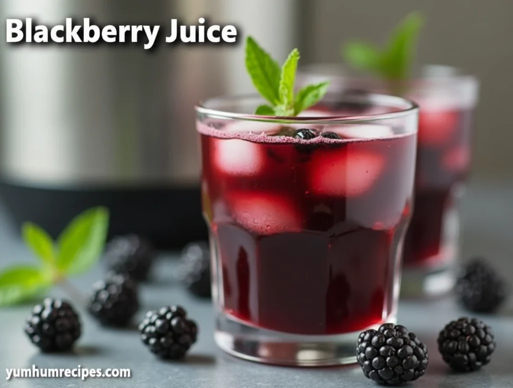 A refreshing glass of blackberry juice garnished with mint, surrounded by fresh blackberries, showcasing the vibrant color and deliciousness of the drink.