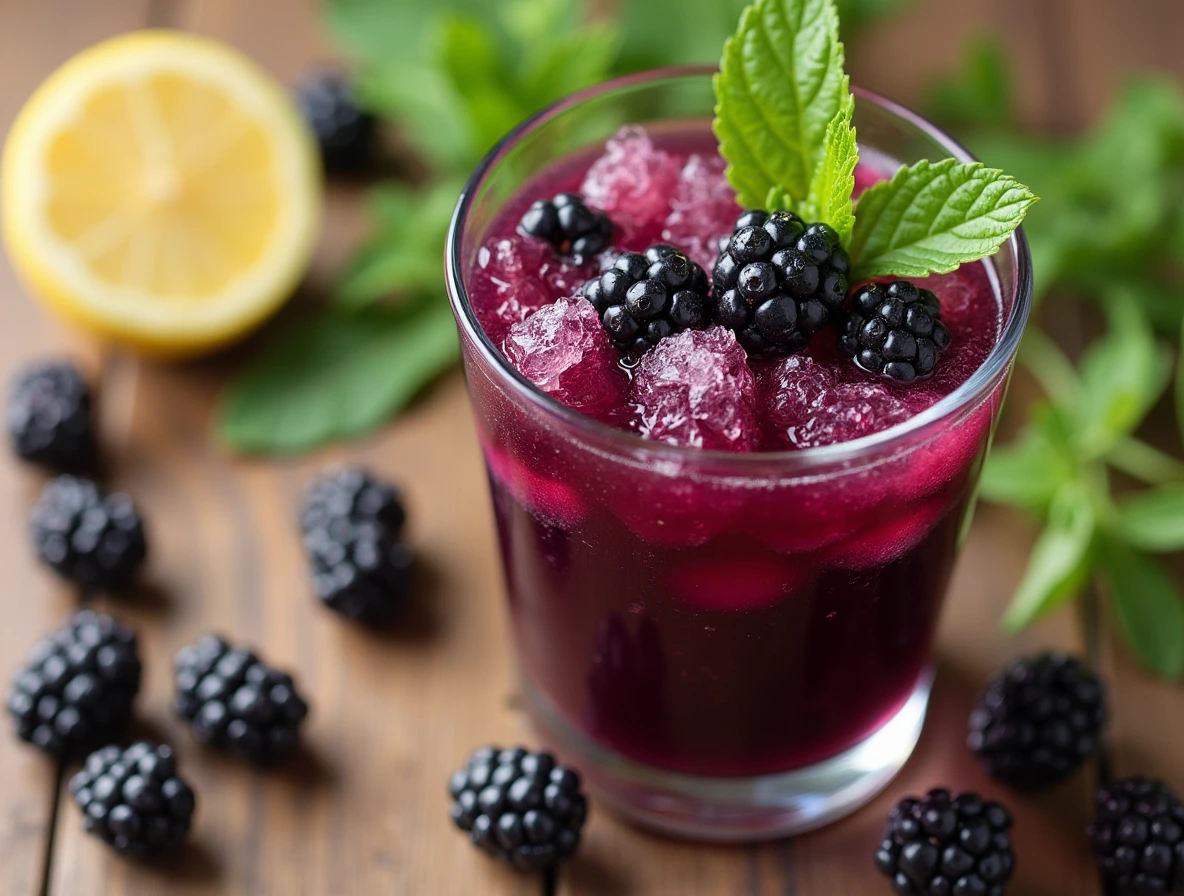 Classic Homemade Blackberry Juice in a clear glass with fresh blackberries and mint leaves.