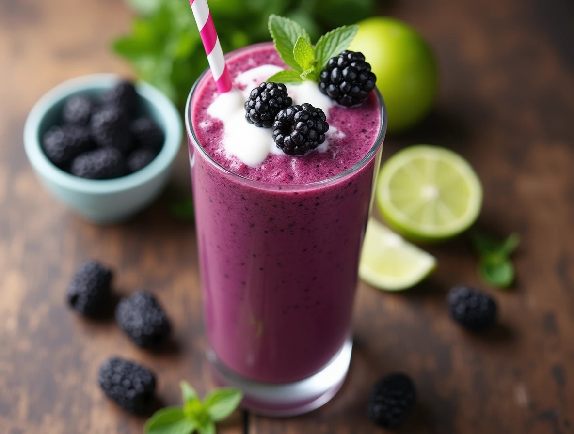 Refreshing Blackberry Juice Smoothie in a tall glass with fresh blackberries and mint leaves.