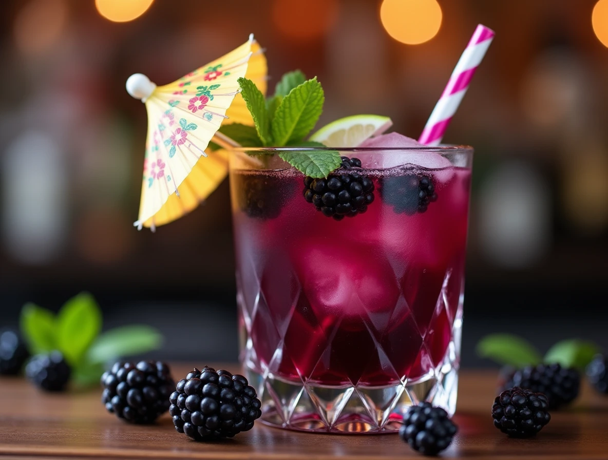 Blackberry Juice Cocktail in a stylish glass with fresh blackberries and mint leaves.