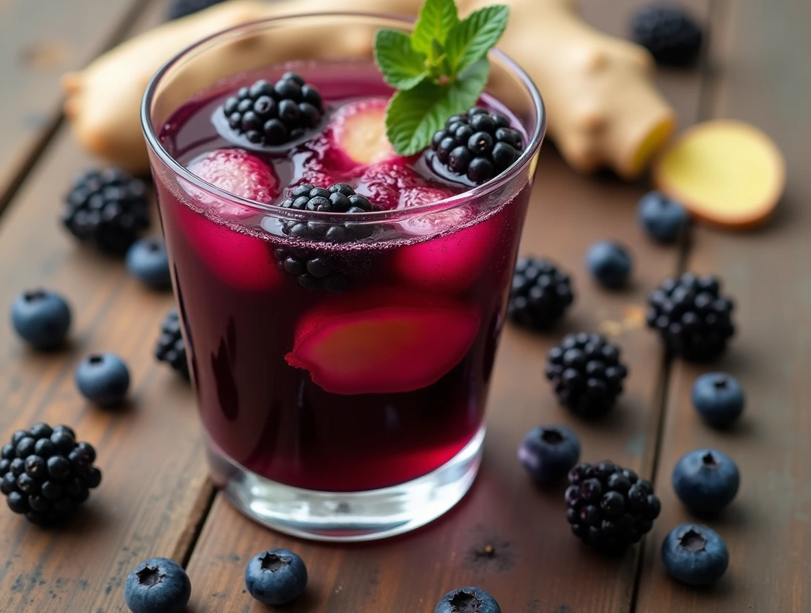 Antioxidant-Rich Blackberry Juice with Ginger in a clear glass, featuring fresh blackberries and ginger slices.