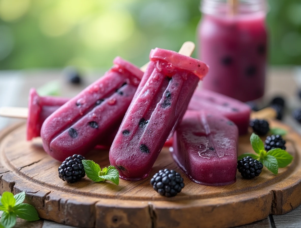 Blackberry Juice Popsicles on a rustic wooden board, garnished with fresh blackberries and mint leaves.