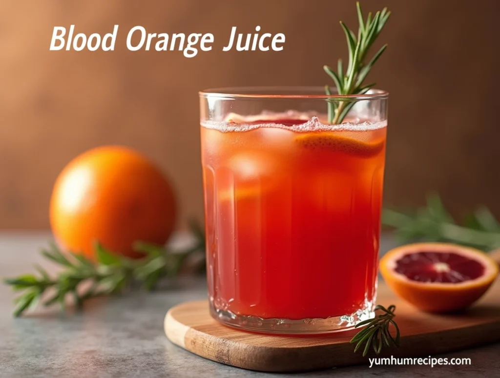 Freshly squeezed blood orange juice in a glass, garnished with rosemary and a hint of citrus, on a wooden cutting board, with the keyword "blood orange juice" prominently displayed.