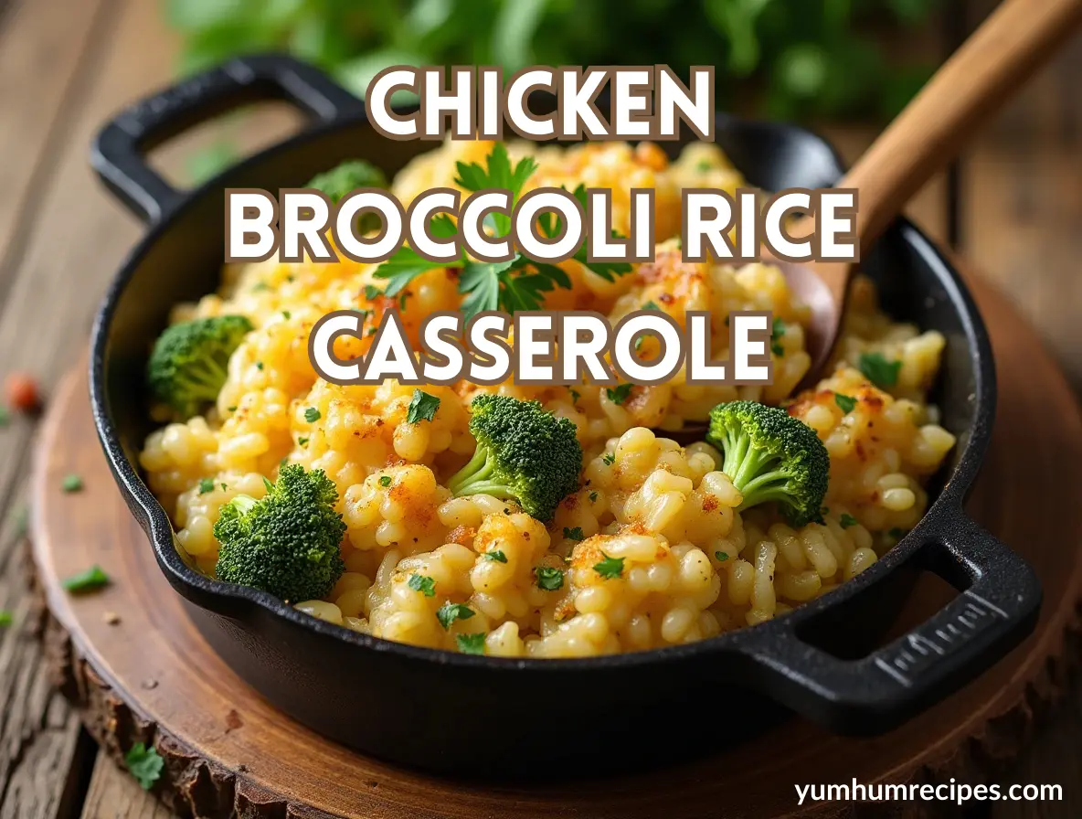 A deliciously golden-brown chicken broccoli rice casserole recipe with a crispy top and creamy sauce, served with fresh greenery and a vintage wooden spoon.