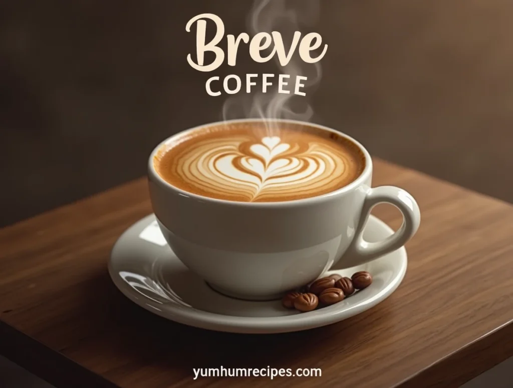 A cup of breve coffee with intricate latte art, showcasing its creamy texture and rich color, with steam rising from the cup.