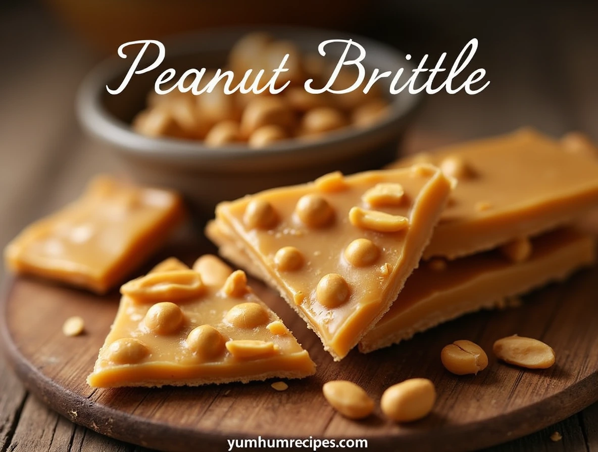 Delicious homemade peanut brittle pieces on a wooden table, showcasing a golden brown color and whole peanuts.