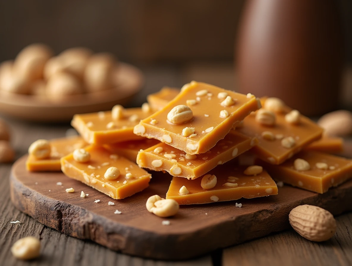 Classic Peanut Brittle pieces on a rustic wooden table with whole peanuts.