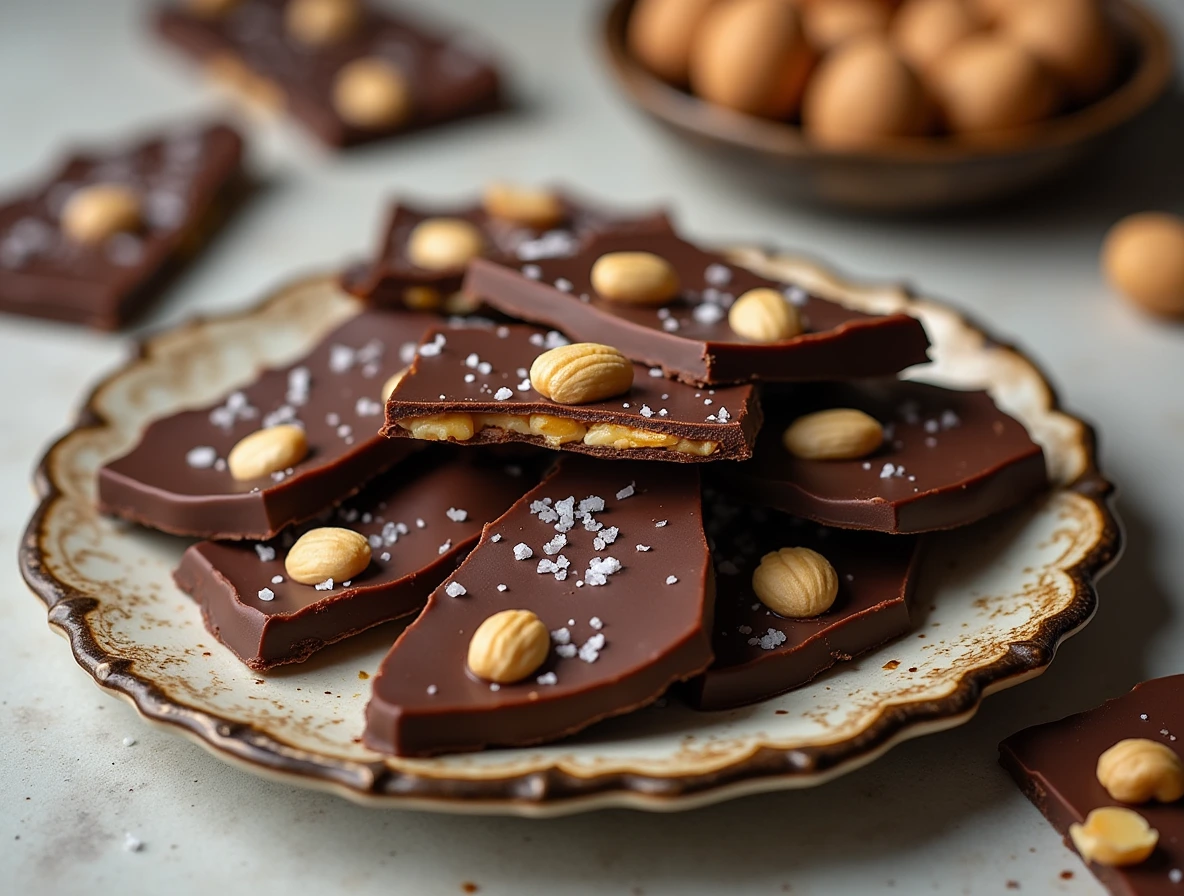 Chocolate-Covered Peanut Brittle pieces on a decorative plate with whole peanuts and sea salt.