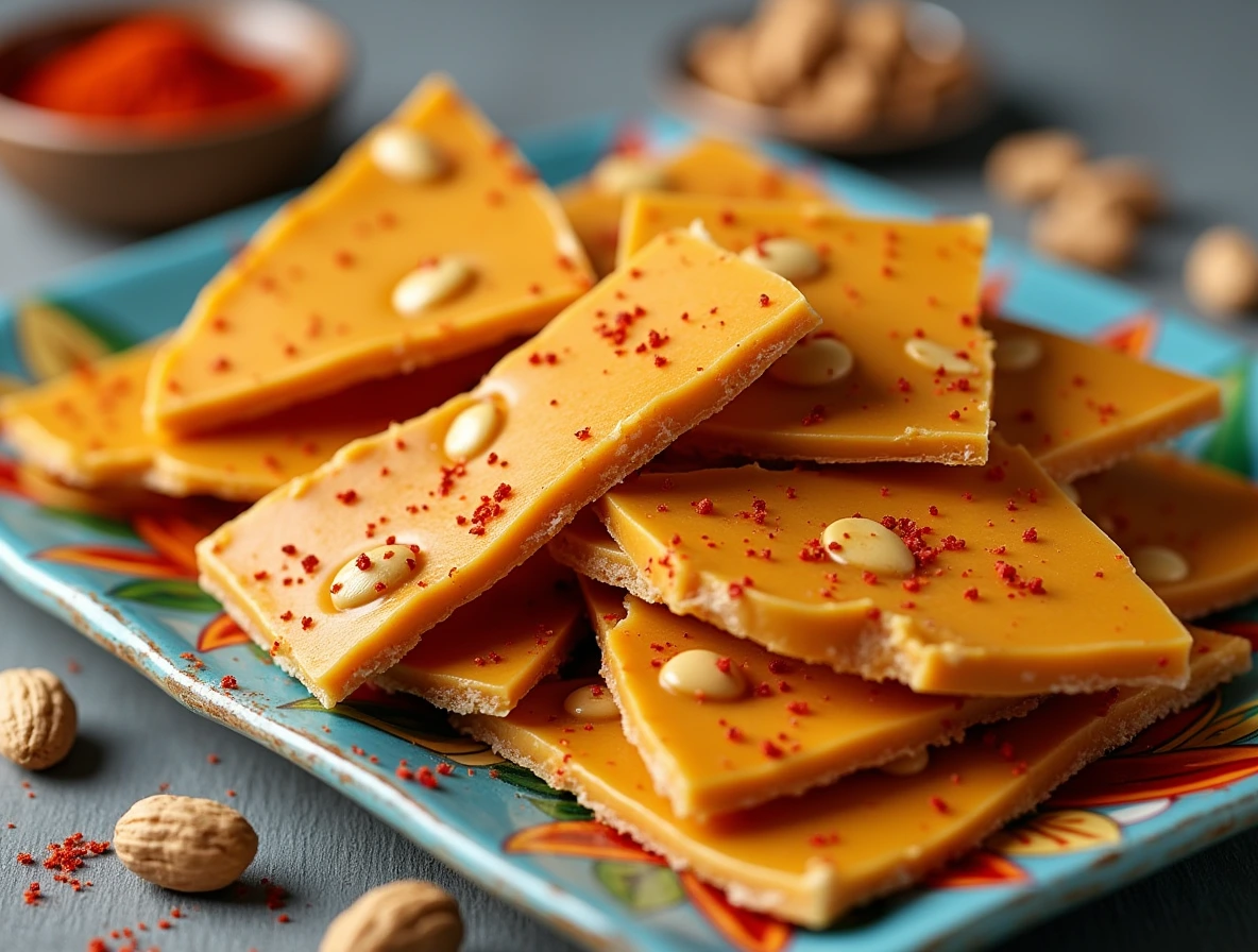 Spicy Peanut Brittle pieces on a colorful serving platter with whole peanuts and red pepper flakes.