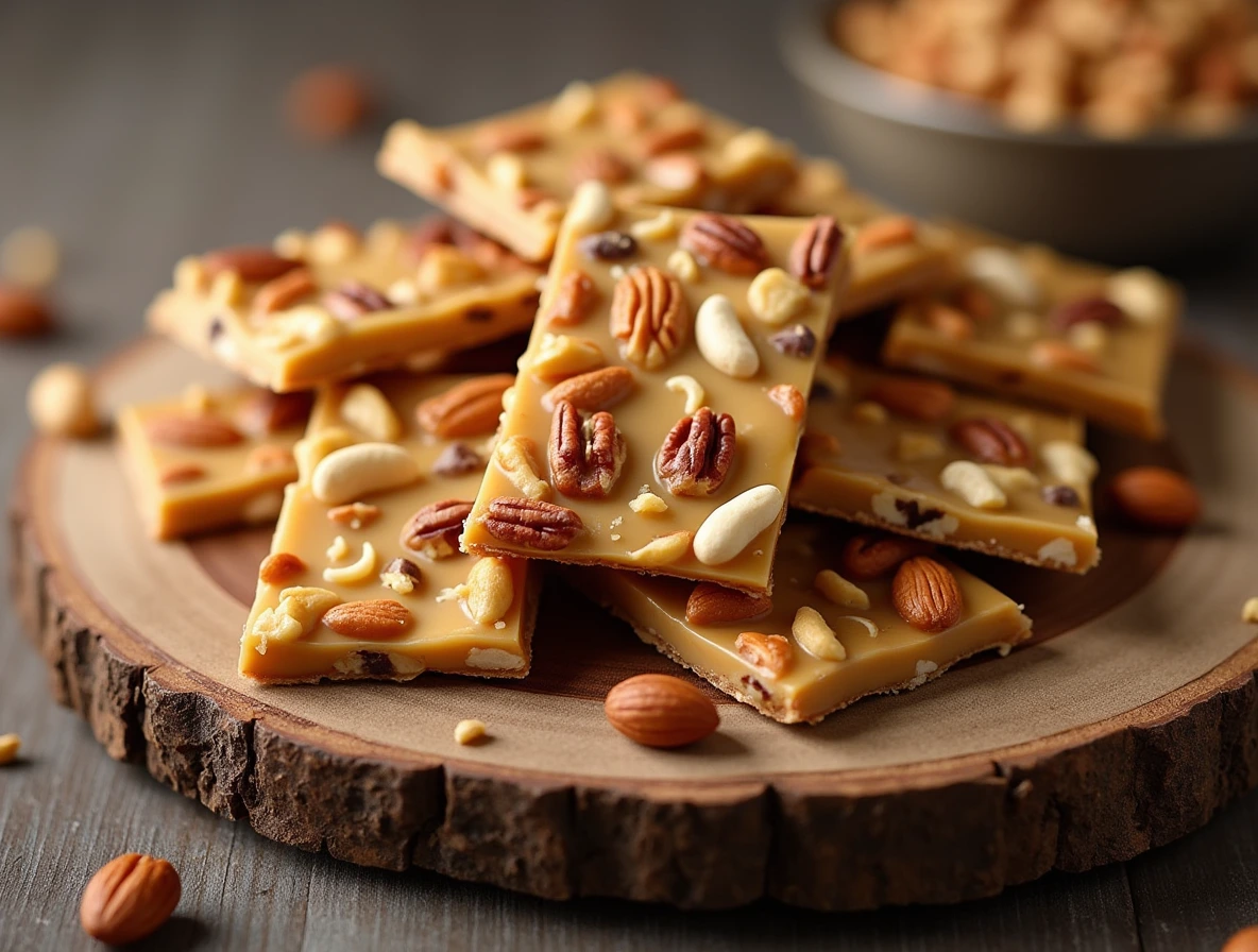 Nutty Peanut Brittle pieces on a rustic wooden board with assorted whole nuts.