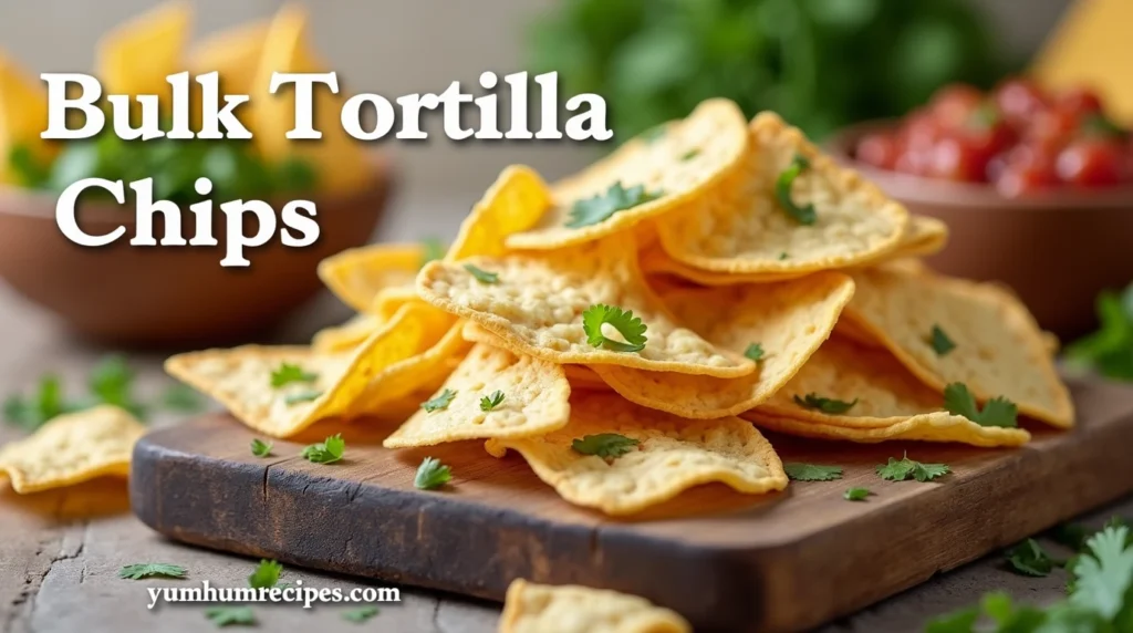 A delicious arrangement of bulk tortilla chips, toppings, and dips, with the title "Bulk Tortilla Chips" prominently displayed.