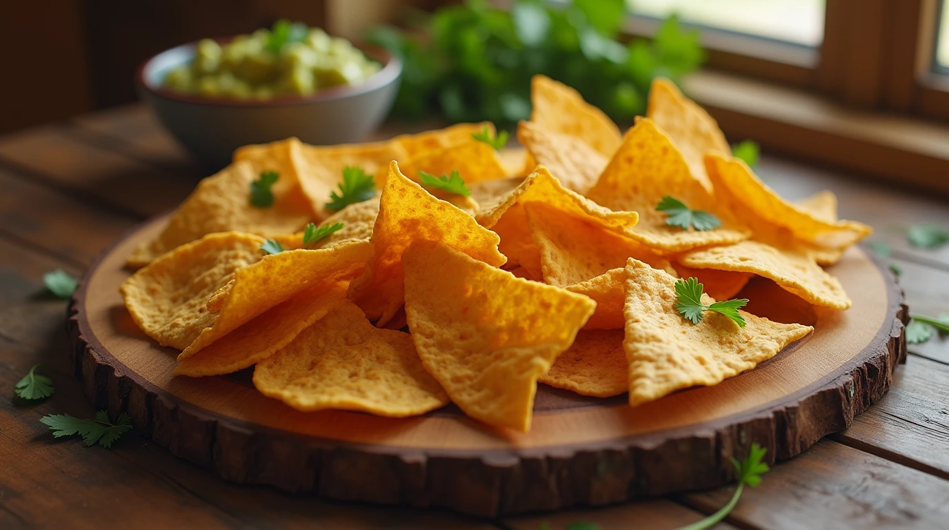 A plate of freshly baked bulk tortilla chips arranged on a rustic wooden board, garnished with guacamole and cilantro.