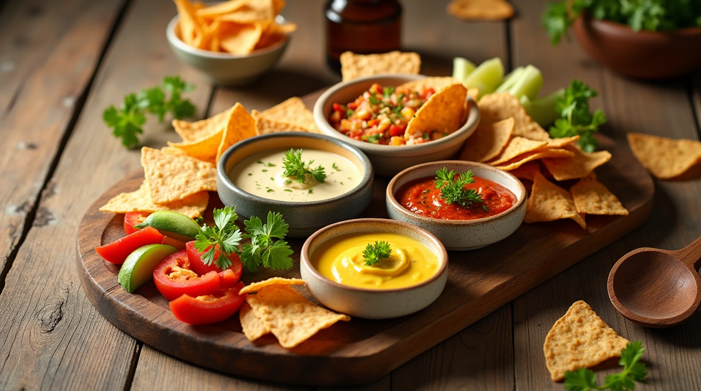 A rustic wooden table set with a variety of dips, sauces, and toppings using bulk tortilla chips