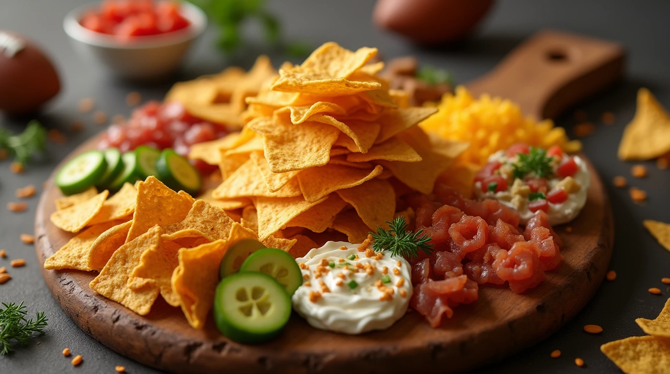 A delicious and varied selection of game day snacks using bulk tortilla chips, including dips, meats, and cheeses.