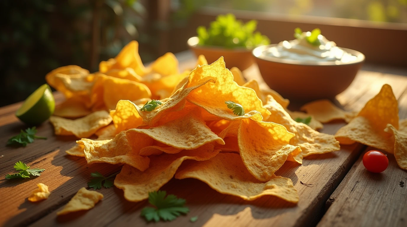 A delicious arrangement of bulk tortilla chips with dip and fresh cilantro, perfect for snacking or entertaining