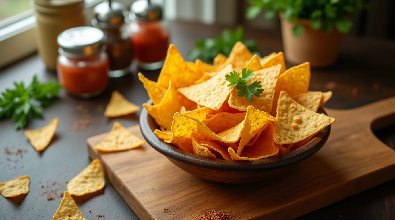 A bowl of bulk tortilla chips arranged on a rustic wooden cutting board, accented with artisanal saltshakers and a vintage-style tin of salsa.