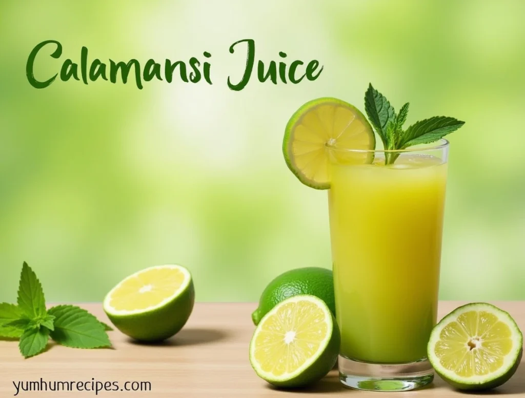 Refreshing glass of calamansi juice garnished with calamansi slices and mint leaves.