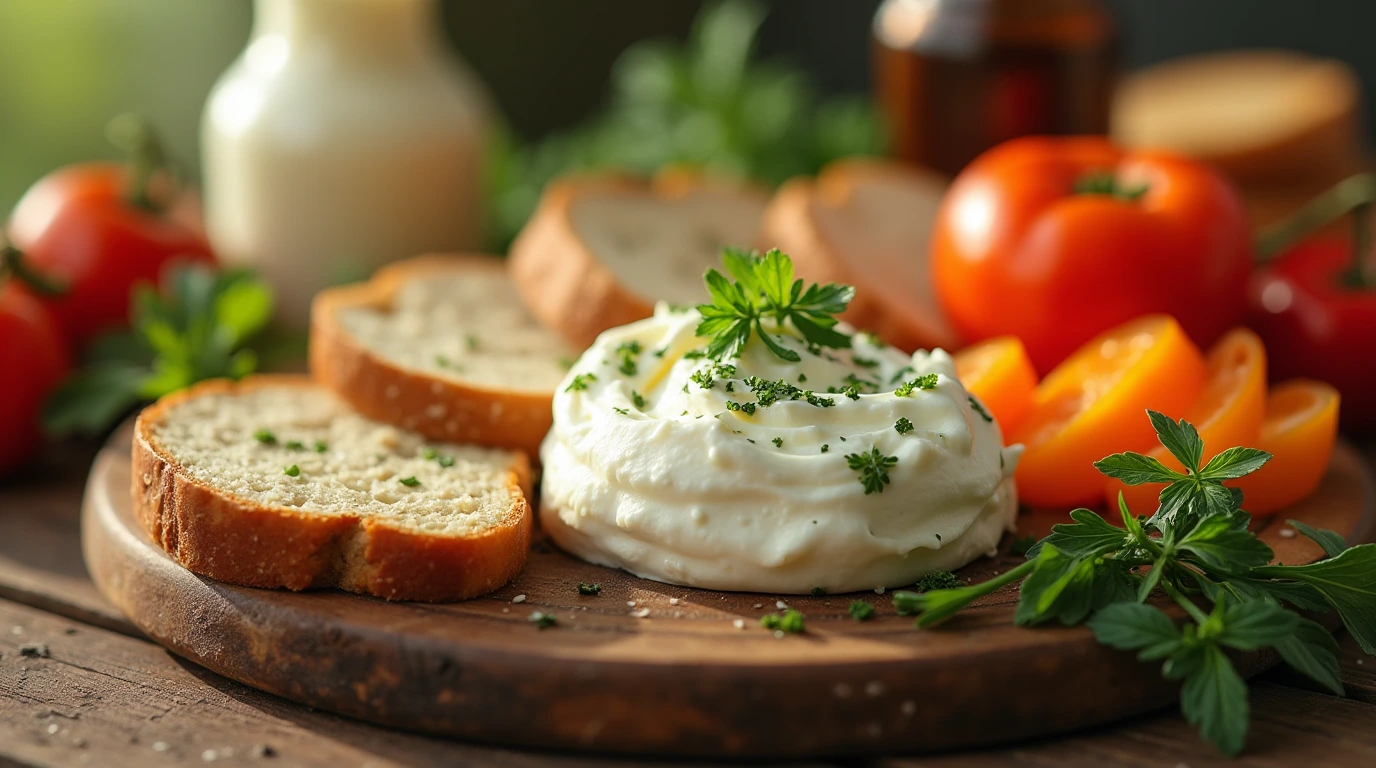 A beautifully arranged spread of cream cheese and its pairing ideas on a rustic wooden board, with fresh herbs and colorful vegetables.