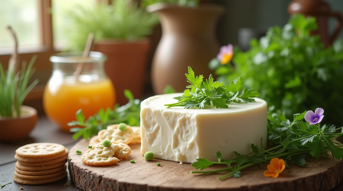 A beautifully styled kitchen counter showcasing cream cheese, fresh herbs, and artisanal crackers