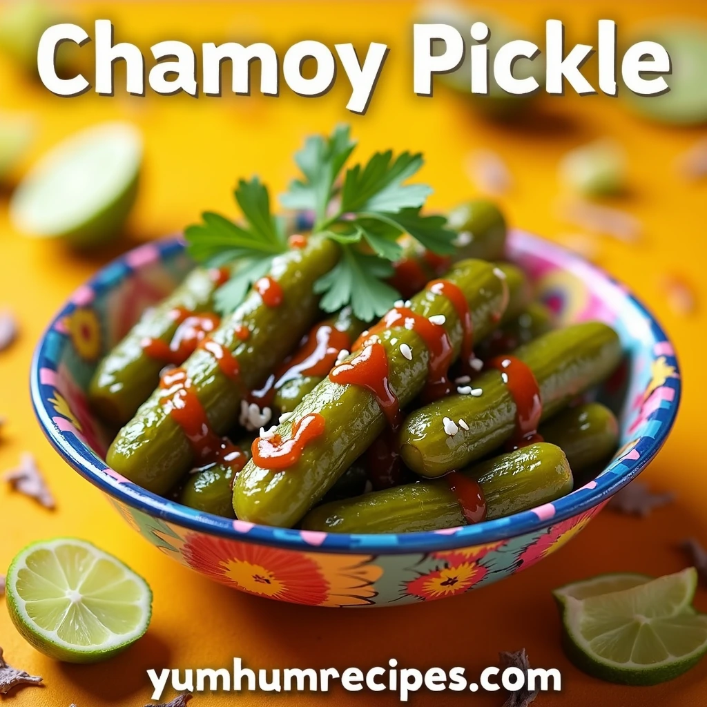 A colorful bowl of chamoy pickles drizzled with chamoy sauce, garnished with fresh herbs and lime slices.