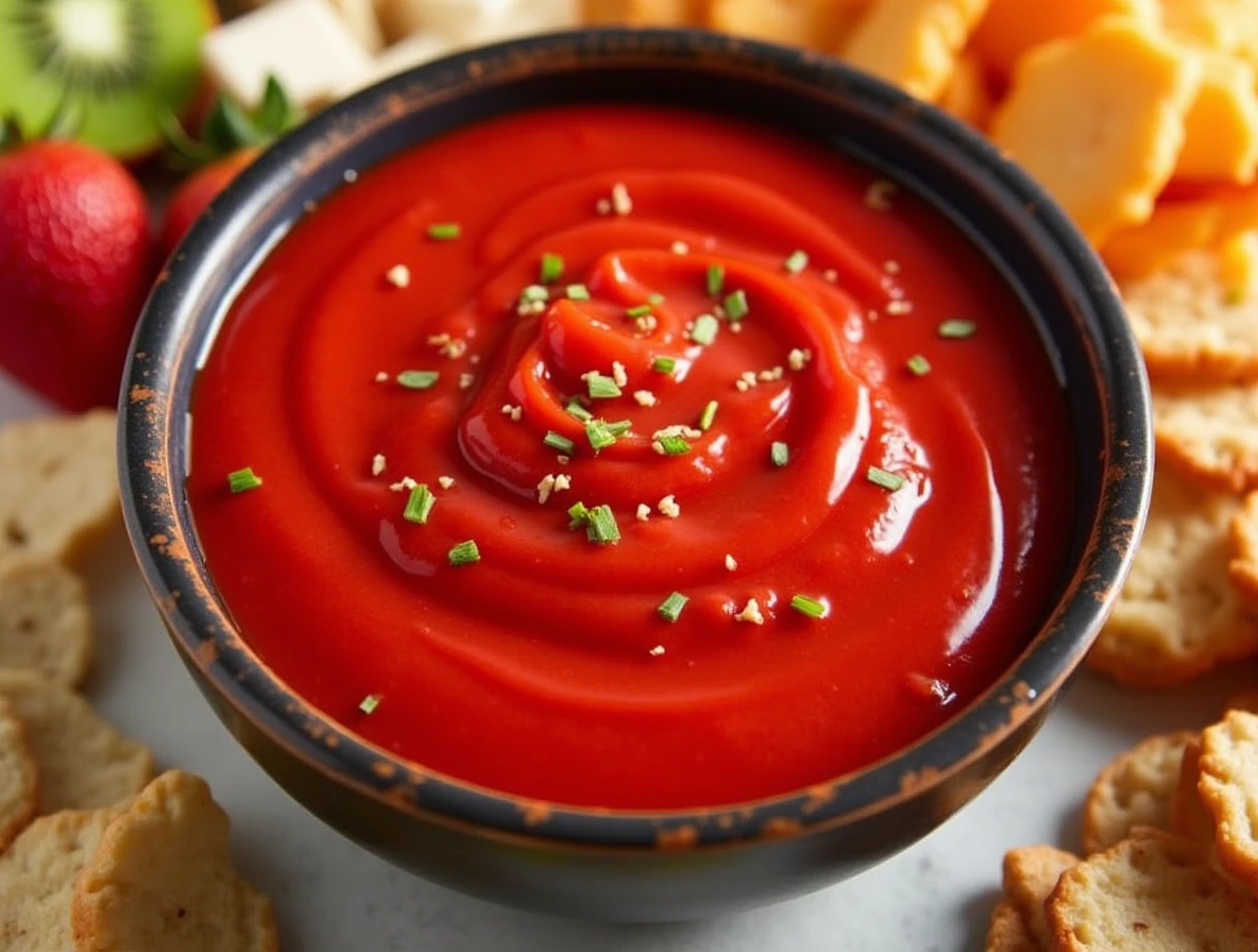 A vibrant bowl of chamoy sauce, showcasing its rich red color and thick texture, surrounded by fresh fruits and snacks for dipping.