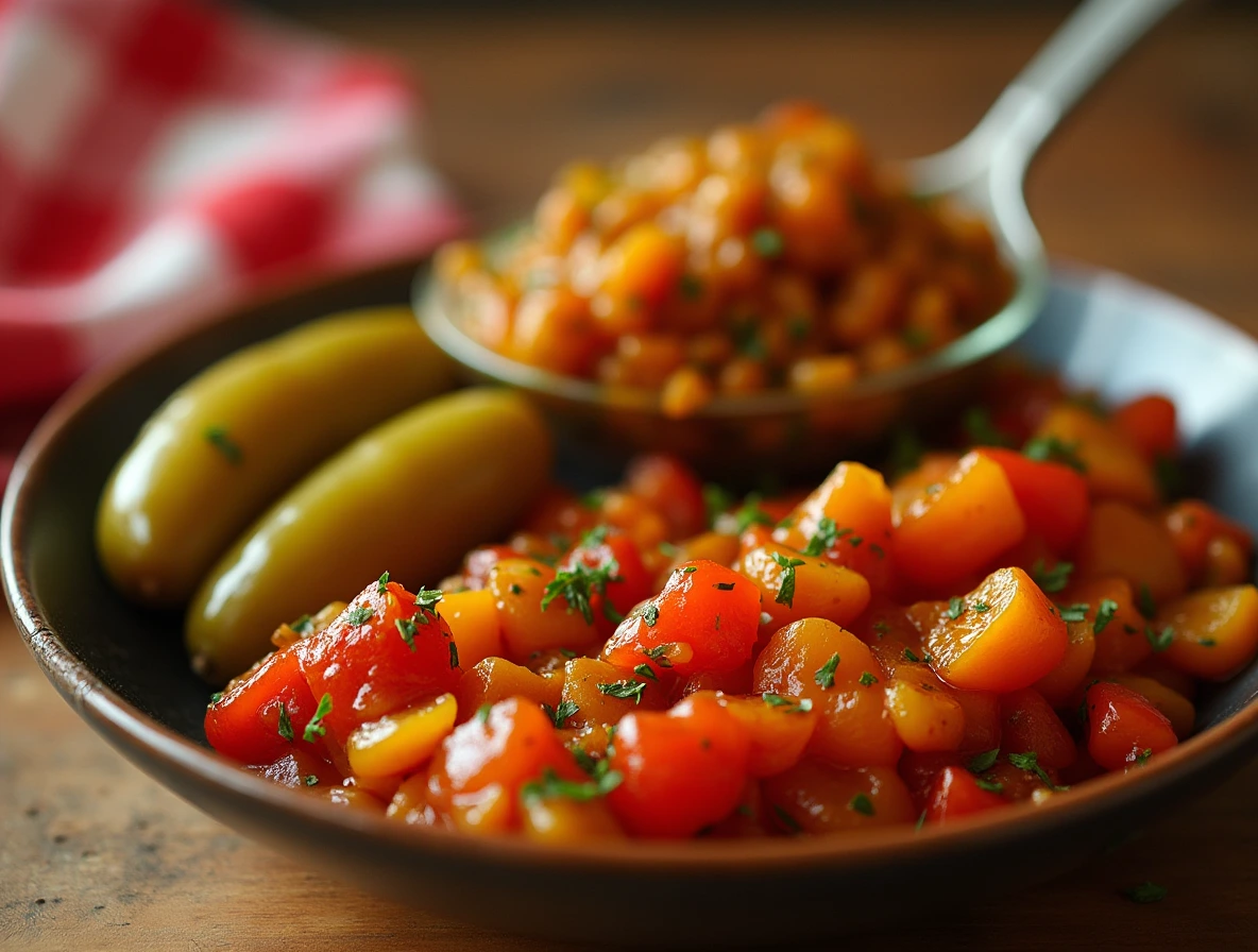 A jar of classic chamoy pickles, showcasing the vibrant red color of the chamoy sauce coating the pickles, with fresh ingredients in the background.