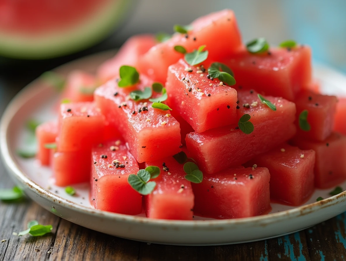 A vibrant plate of sweet and sour chamoy watermelon pickles, showcasing bright pink watermelon slices coated in tangy chamoy sauce, garnished with lime wedges.