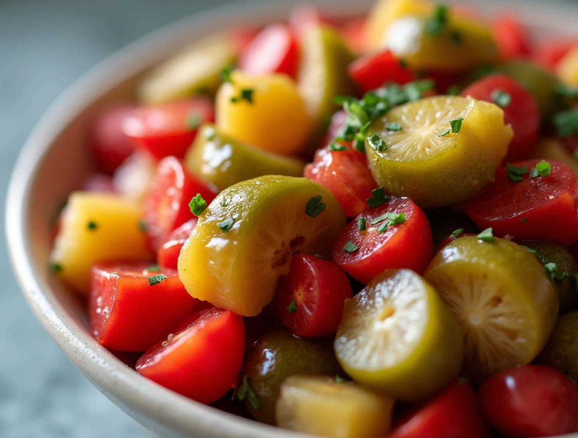 A colorful bowl of chamoy pickle fruit salad, featuring a mix of fresh fruits and pickles drizzled with tangy chamoy sauce, garnished with lime and chili powder.