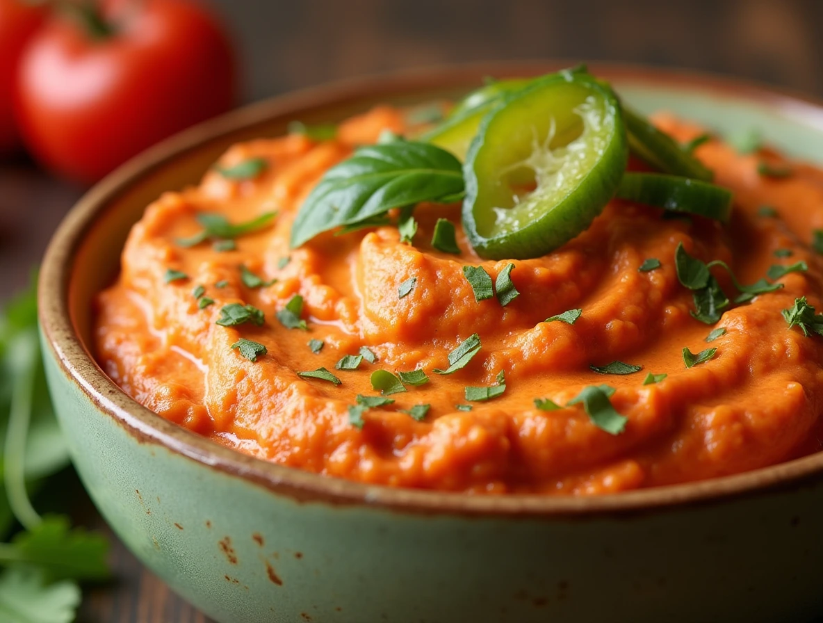 A creamy bowl of chamoy pickle dip, surrounded by fresh vegetables and tortilla chips for dipping, showcasing its vibrant color and texture.