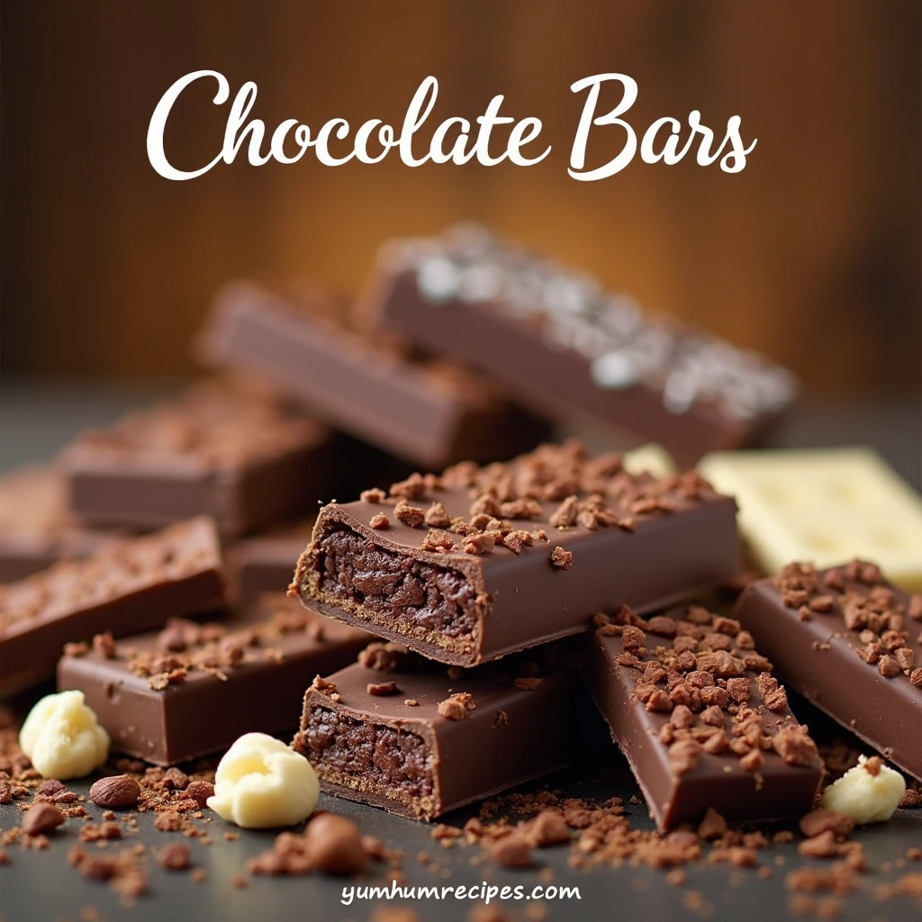 A variety of homemade chocolate bars, including dark, milk, and white chocolate, topped with nuts and dried fruits, with the title "Chocolate Bars​" and the website "yumhumrecipes.com."