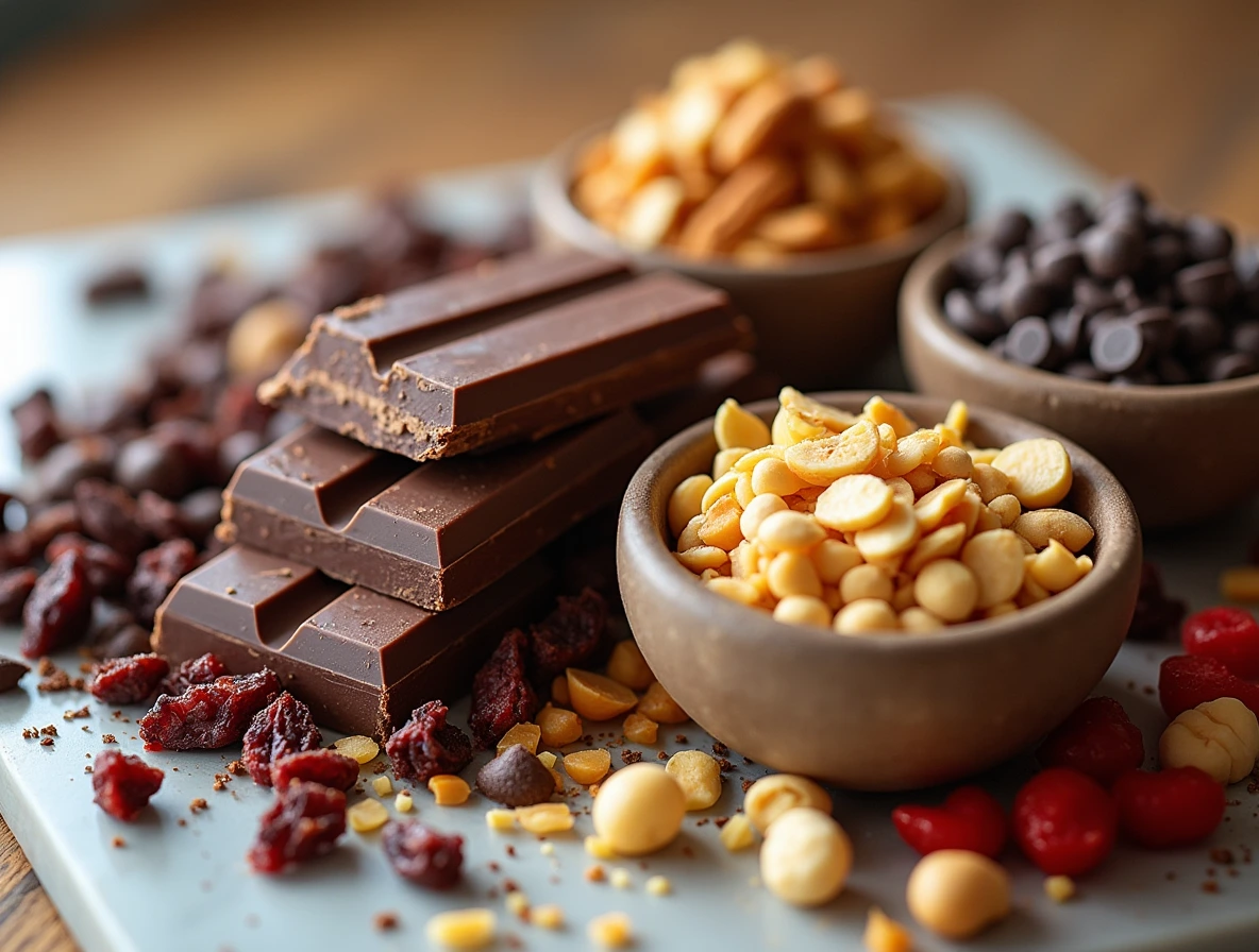 Essential Ingredients for Chocolate Bars: Dark Chocolate, Milk Chocolate, White Chocolate, Nuts (Almonds, Walnuts, Pecans and Hazelnuts), Dried Fruits (Raisins, Cranberries, Cherries and Apricots), Chocolate Chips (Semi-Sweet Chocolate Chips, Dark Chocolate Chips, Milk and White Chocolate Chips), Sweeteners (Honey, Maple Syrup, Stevia, Agave Nectar)