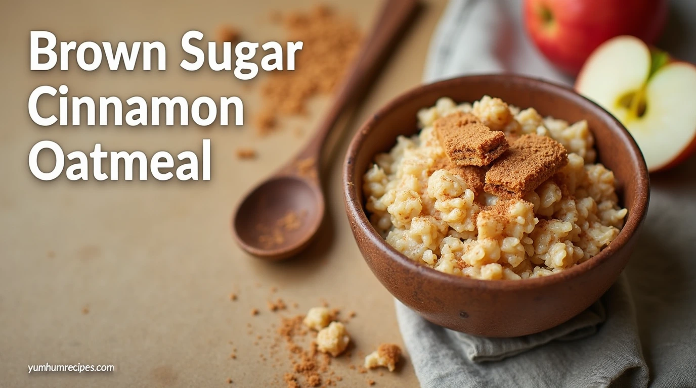 A warm and inviting bowl of brown sugar cinnamon oatmeal, perfect for a cozy breakfast or snack, with a rustic wooden spoon and a sprinkle of brown sugar.