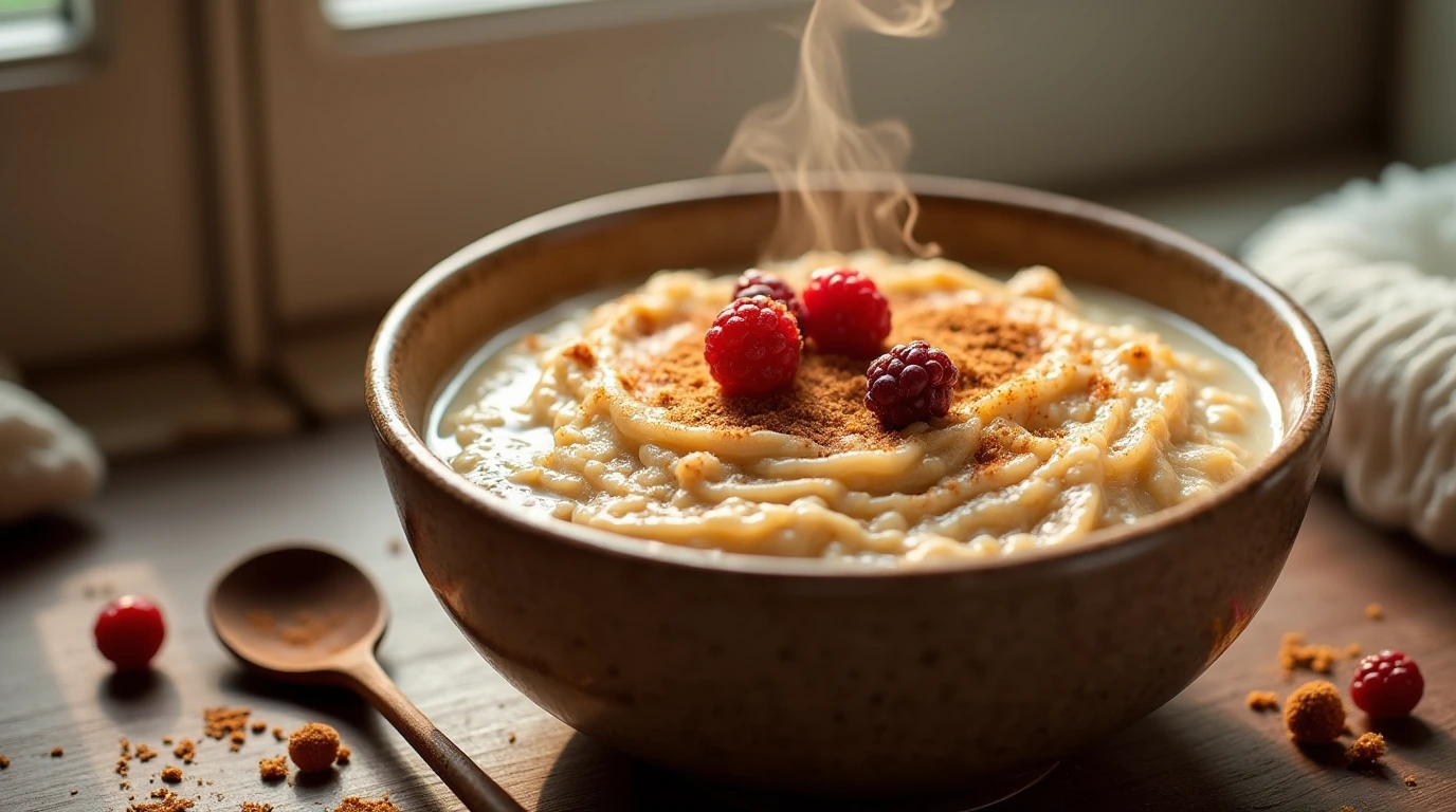 A warm and inviting bowl of brown sugar cinnamon oatmeal, topped with fresh berries and a sprinkle of cinnamon