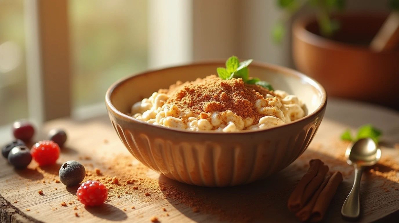 A warm and inviting bowl of brown sugar cinnamon oatmeal with fresh berries and mint, highlighting its health benefits.