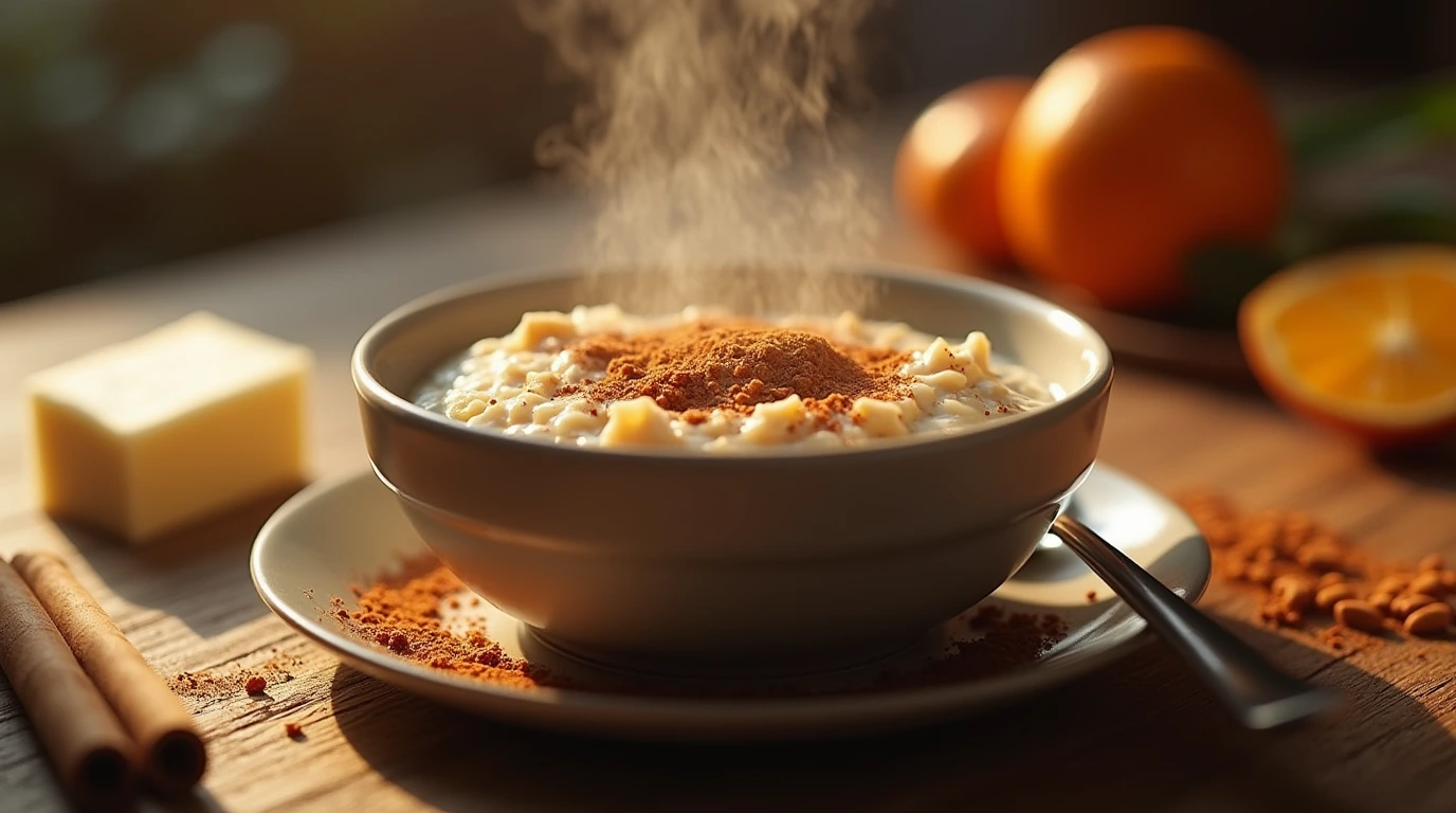 A warm and inviting bowl of brown sugar cinnamon oatmeal, topped with fresh orange and crispy cinnamon, on a rustic wooden table.