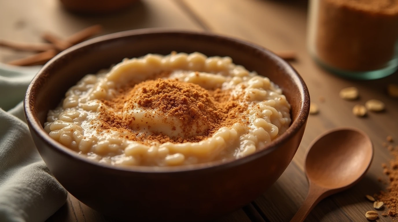 A close-up shot of brown sugar cinnamon oatmeal, with golden-brown oats topped with brown sugar and cinnamon, accompanied by a wooden spoon and jar of brown sugar.