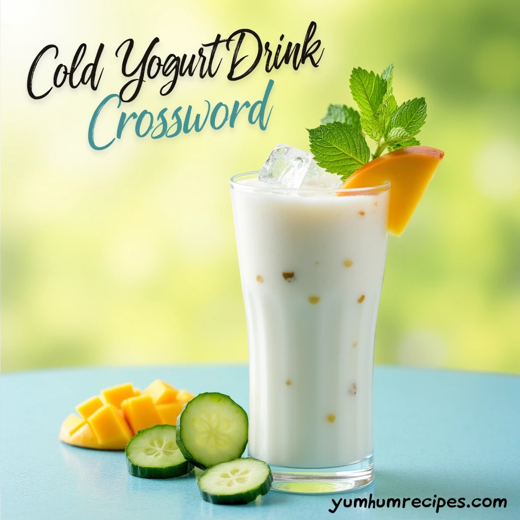 Refreshing cold yogurt drink garnished with mint and fruit, with the title 'Cold Yogurt Drink Crossword' and the website 'yumhumrecipes.com' at the bottom.