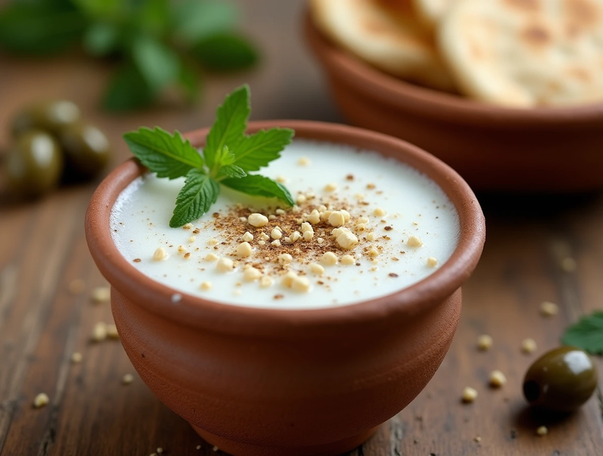 Ayran, a cold yogurt drink crossword, served in a rustic clay cup with a frothy top and garnished with fresh mint leaves, accompanied by olives and pita bread.