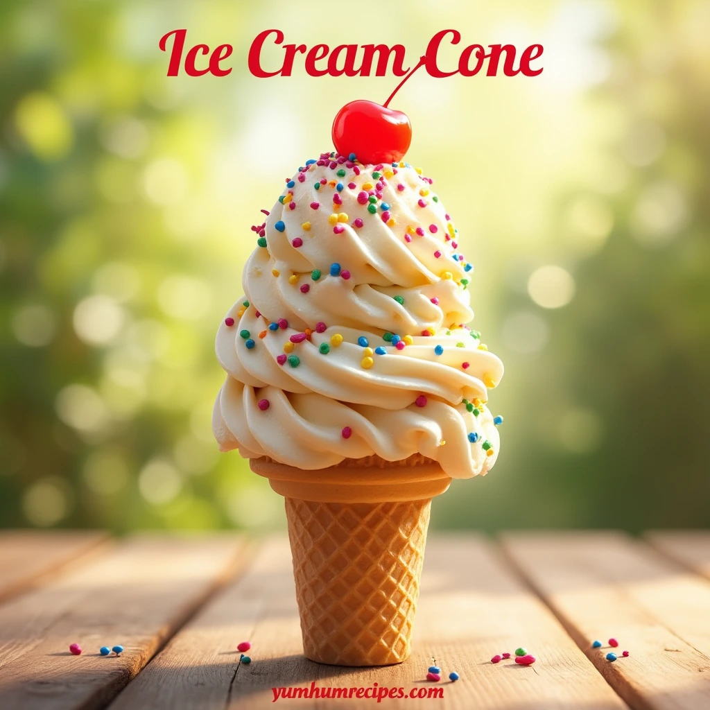 Realistic ice cream cone with colorful sprinkles and a cherry, set in a sunny outdoor background.