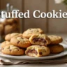 A plate of assorted stuffed cookies, including classic chocolate chip, peanut butter, oatmeal raisin, and snickerdoodle, with text overlay featuring the title "Stuffed Cookies" and a watermark of yumhumrecipes.com.