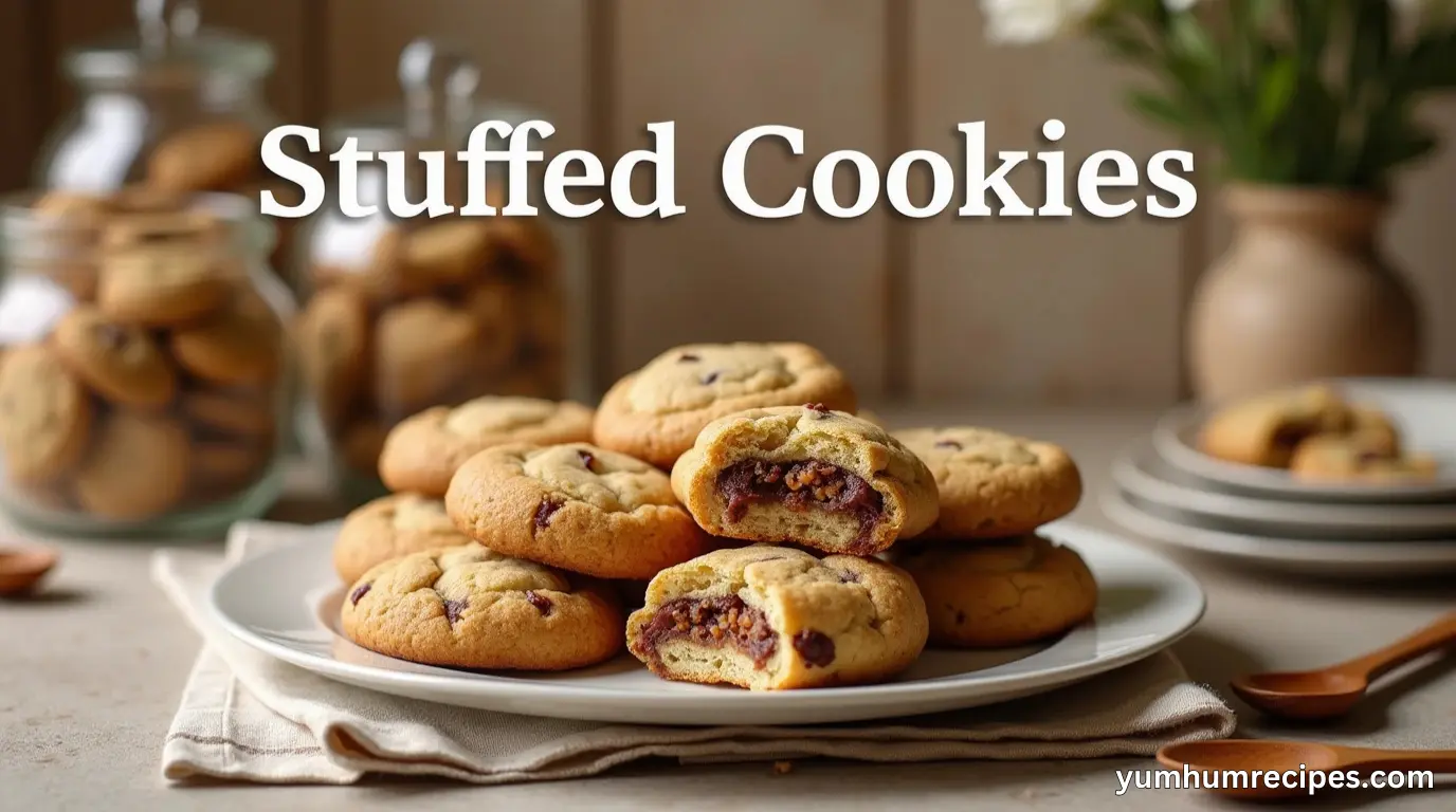 A plate of assorted stuffed cookies, including classic chocolate chip, peanut butter, oatmeal raisin, and snickerdoodle, with text overlay featuring the title "Stuffed Cookies" and a watermark of yumhumrecipes.com.