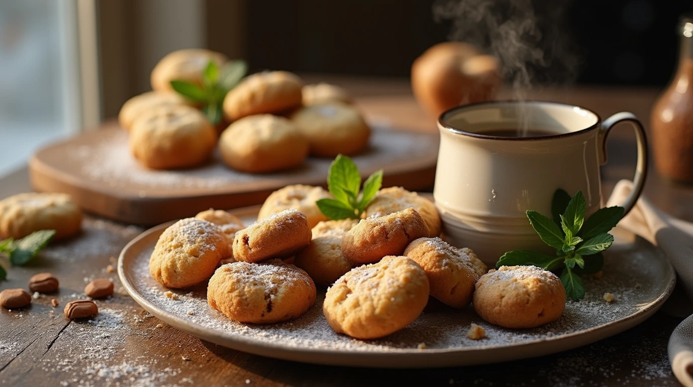 A plate of freshly baked stuffed cookies, arranged on a wooden cutting board and surrounded by rustic props.