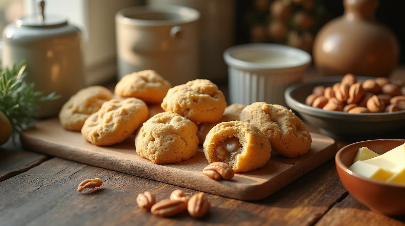 A beautiful arrangement of ingredients and equipment for stuffed cookies on a rustic wooden cutting board.