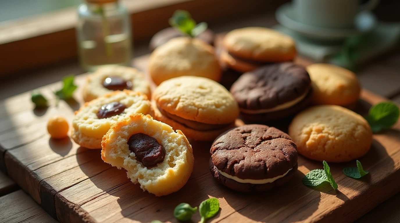 A beautifully styled arrangement of 5 easy recipes for delicious stuffed cookies on a rustic wooden table.