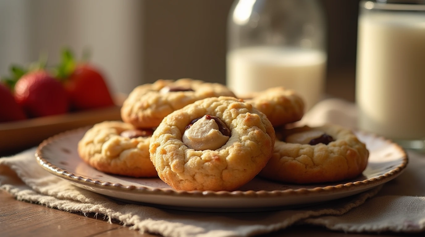 A plate of freshly baked stuffed cookies with cold milk and fresh strawberries, set against a warm and inviting background.