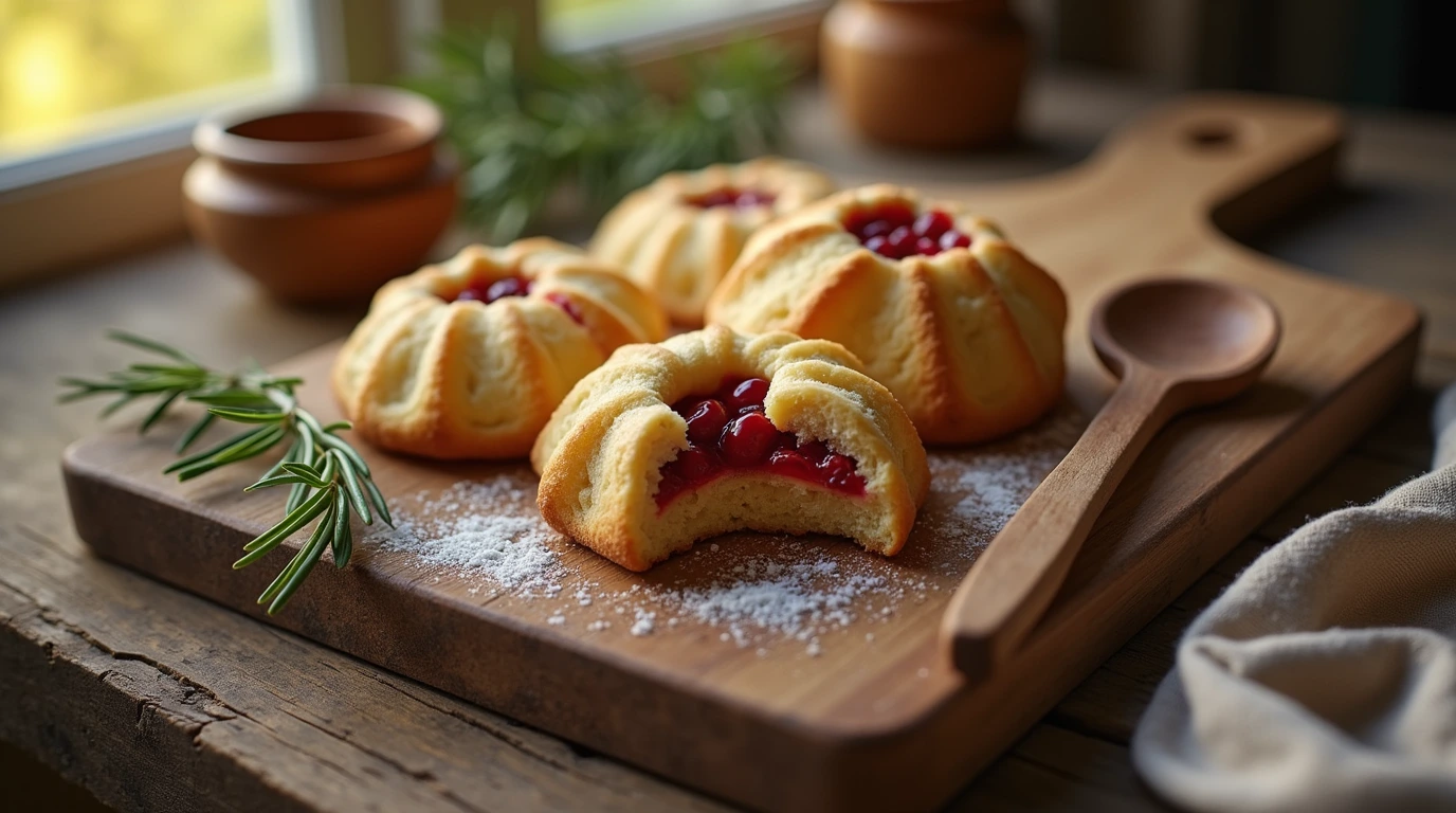 A perfectly baked stuffed cookie on a rustic wooden cutting board, with fresh rosemary and a ceramic cookie jar in the background.