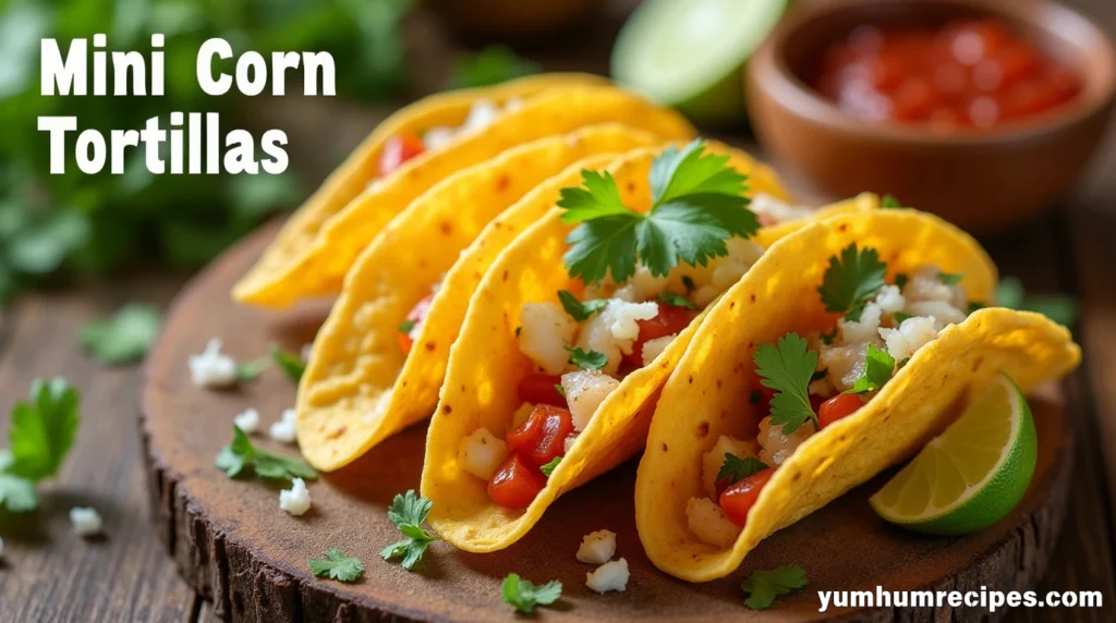 A vibrant arrangement of mini corn tortillas on a rustic wooden background, with fresh cilantro and lime wedges, and a small bowl of salsa.